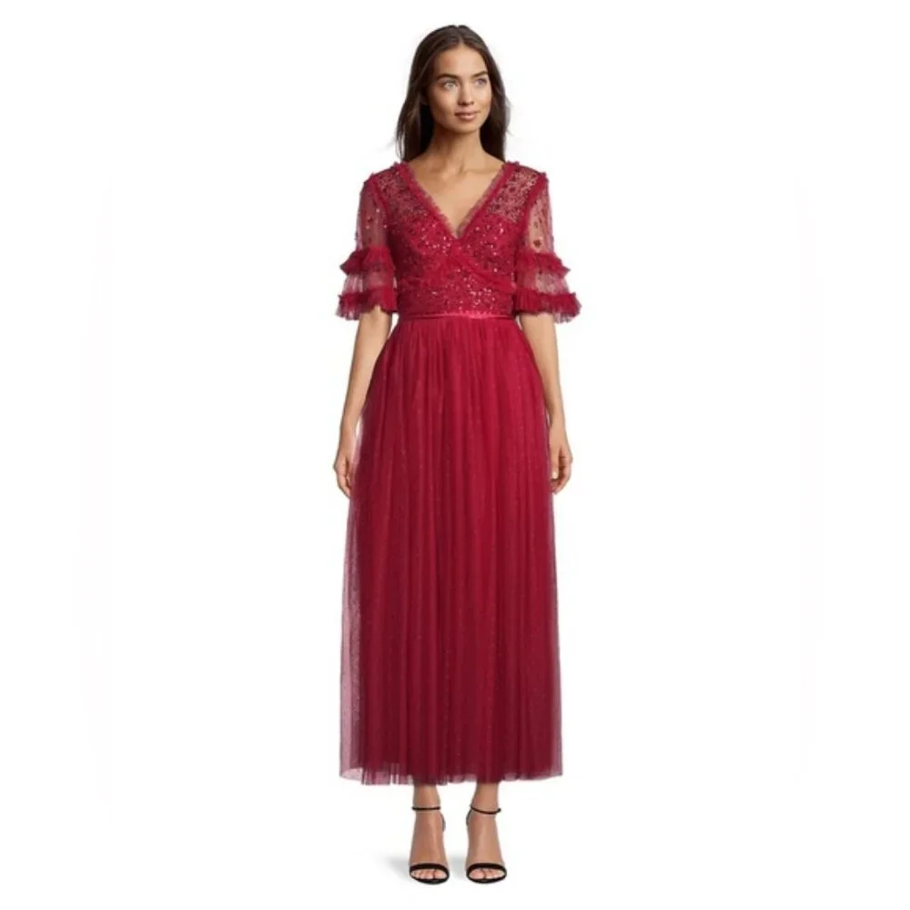❌❌SOLD❌❌NWT NEEDLE & THREAD Maybelle Embellished Tulle Fit-&-Flare Dress red 4 - Picture 3 of 13
